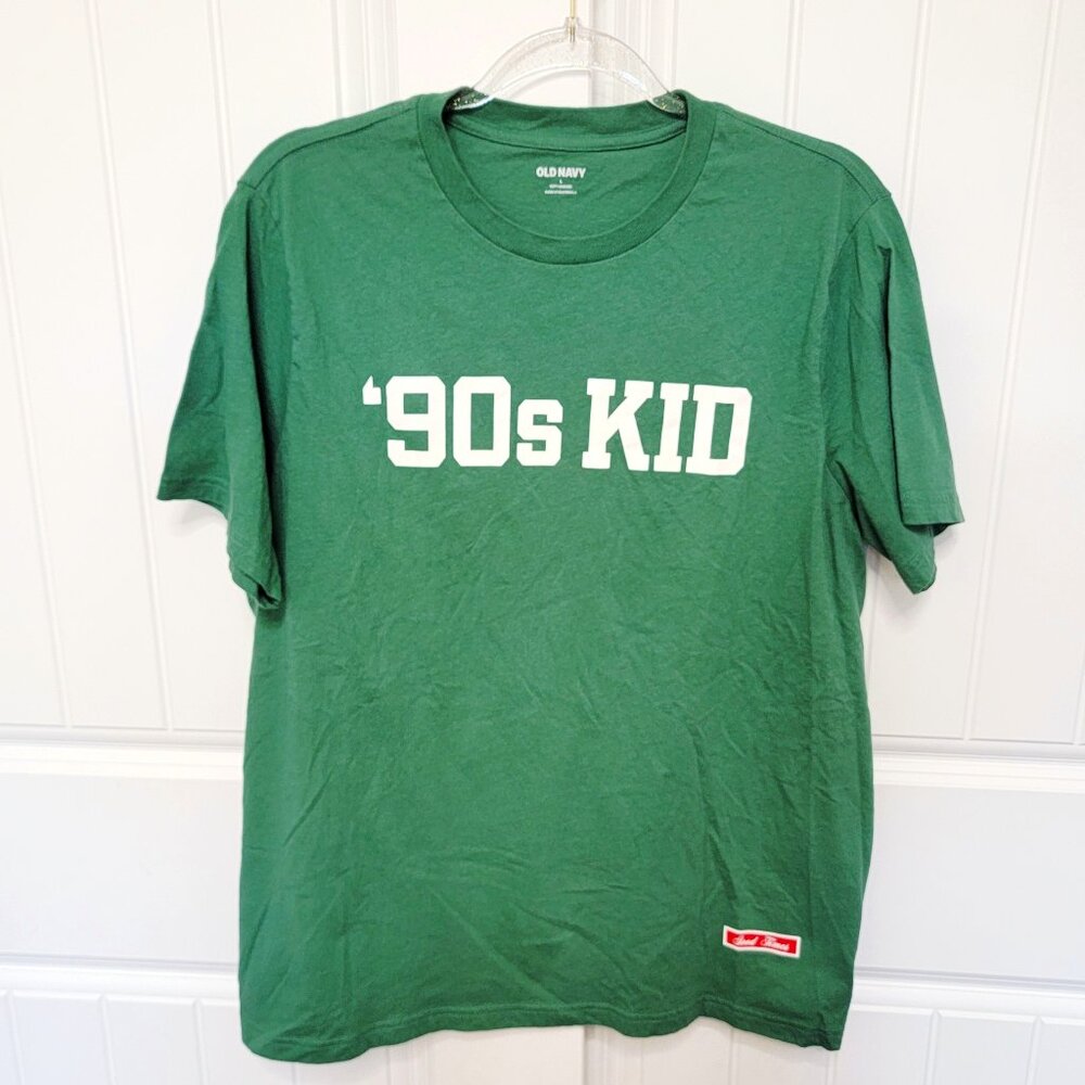 Old Navy Mens Size Large Graphic T-Shirt Green 90s Kid EUC